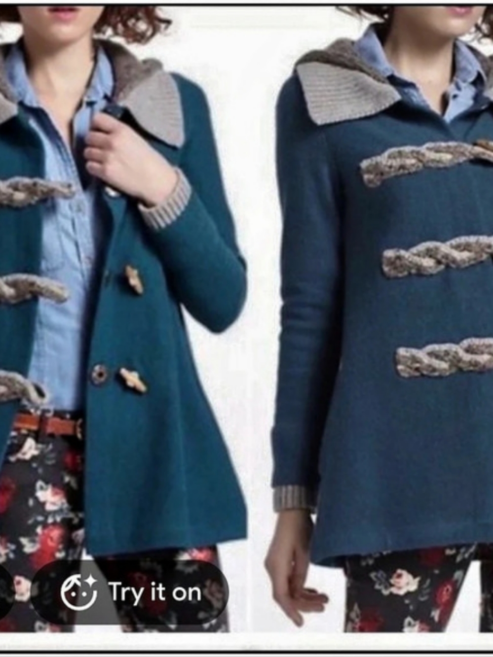 Anthropologie Fiets Voor2Women's Toggle Front Swing Jacket in Teal & Gray Size S